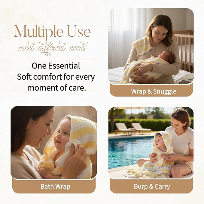 4-Pack Muslin Hooded Baby Bath Towel Set - 100% Organic Cotton, (2) 6-Layer 32x32 Towels & (2) Washcloths, Newborn & Infant Gift Set (Yellow Striped & White)