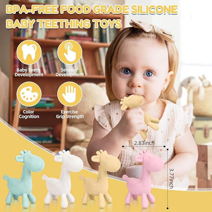 TYRY.HU Baby Teething Toys for Babies 0-6 6-12 Months,BPA Free Silicone Giraffe Teethers Toys, Soft-Textured Chew Toys, Montessori Sensory Toys for Boys Girls Teething Relief, 4 Pack