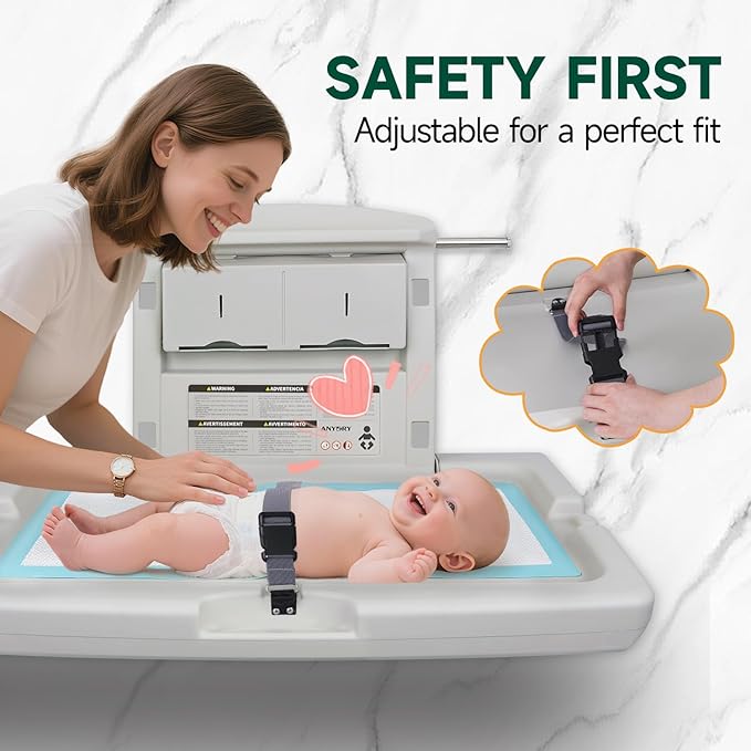Baby Changing Station Wall-Mounted, Foldable Diaper Changing Table with Safety Straps for Commercial Bathroom, in Elegant Grayish White