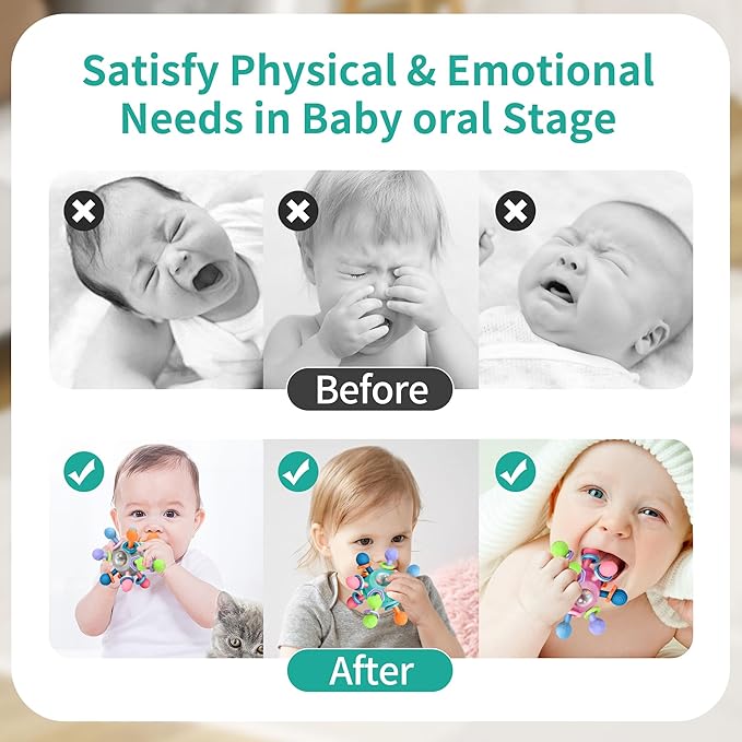 Baby Montessori Teething Toys for 0-6 6-12 Months Infant Teethers Sensory Toys for Babies 0 3 6 9 12 18 Months Learning Developmental Chew Rattle Toys Shower Gifts for 1 2 Year Old Girls Boys Yellow