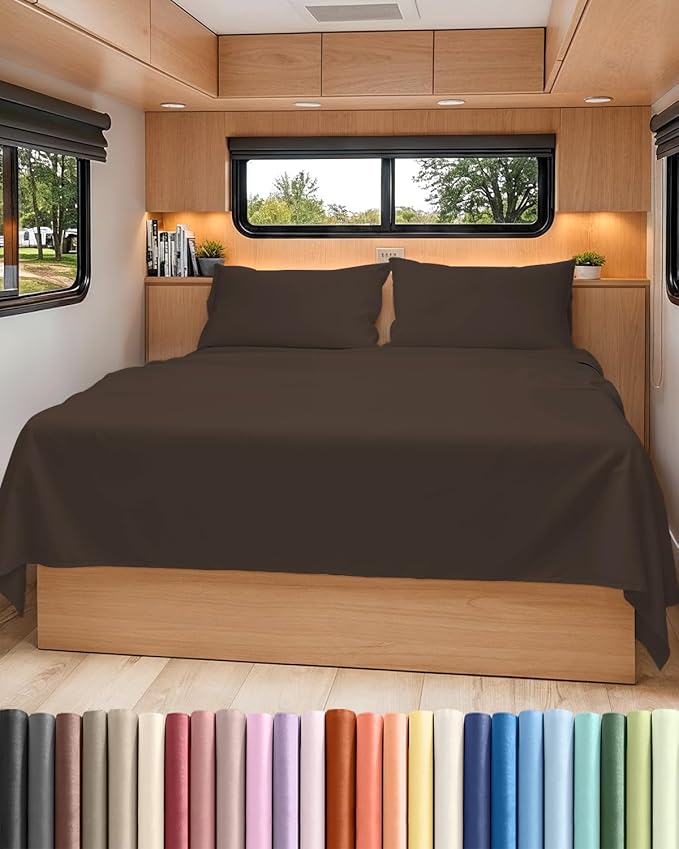 RV Short Queen Sheet Set 60 X 75 - 4 Piece RV Short Queen Bed Sheets - Soft, Breathable and Cooling - Designed for Bunks, Trailers & Campers - Fits 8” to 12" Mattress - Hotel Luxury Bedding - Brown