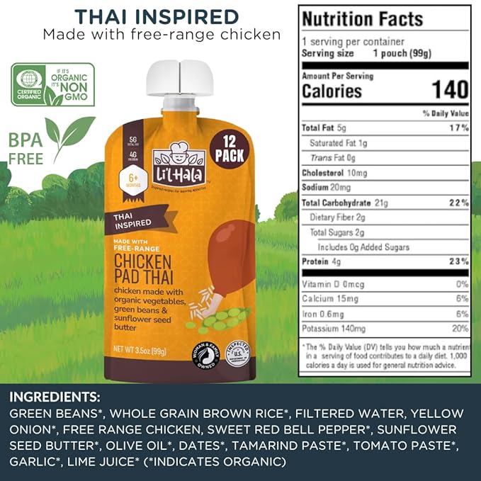 Li'l Hala Foods - Baby Meat Pouches - Toddler Meals with Meat – Protein & Healthy Fats Puree – No Hormones – 6+ Months – 3.5 oz (12 Pack) (Chicken Pad Tha)