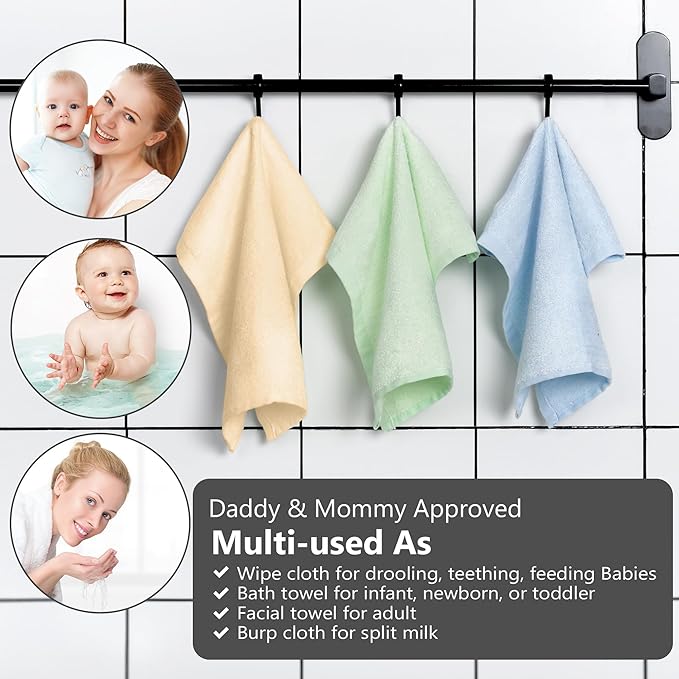 12 Pack Baby Boy Washcloths Bulk for Newborn, Extra Soft Face Bath Towel for Toddler, Absorbent Kids Wash Rag for Body, 70% Rayon Derived from Bamboo, 30% Cotton, 10"x10", Blue/Green/Yellow