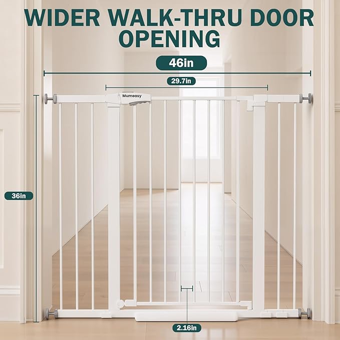 Mumeasy 36" Extra Tall Dog Gate, Auto Close Baby Gate for Stairs Doorways, 29.7-46" Wide Walk Thru Child Safety Gate for House, Easy Install Pressure Mounted Metal Pet Gate with Door, White
