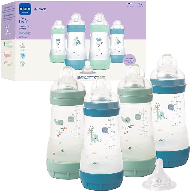 MAM 9oz Easy Start Anti-Colic Wide Neck Baby Bottle, Medium Flow Breastfeeding-Like Nipple, Reduces Colic Gas & Reflux, Easy to Clean, BPA Free, 2+ Months, Made in Europe, Bonus Fast Flow Nipple, 4 Pk