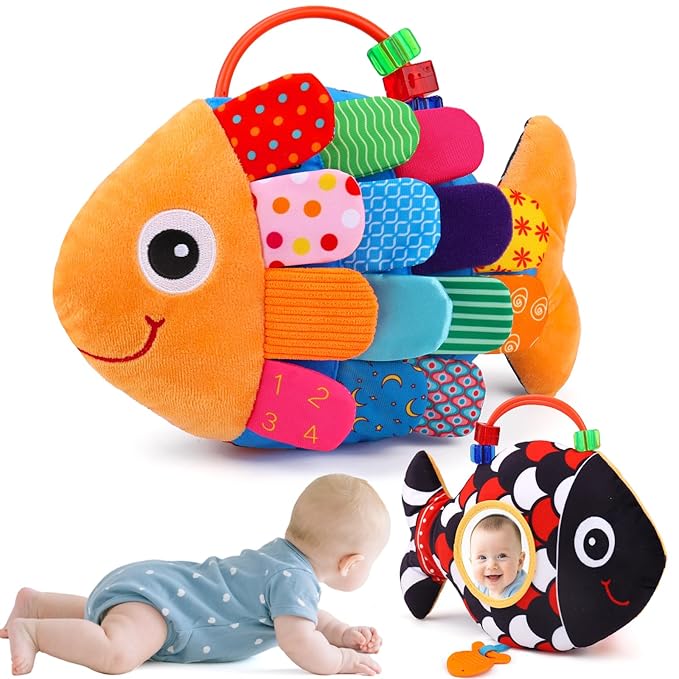 Baby Sensory Tummy Time Toys 0-6 Months Music Fish Toy for Infant 3 4 5 6 Month High Contrast Newborn Toy with Mirror Crinkle Rattle for 3-6 6-12 Month Baby Boy Girl Shower Gift Easter Basket Stuffers
