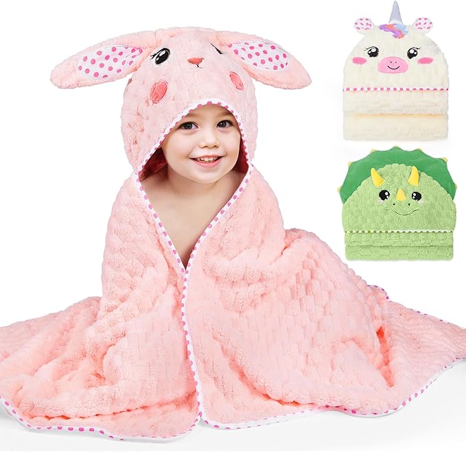 FIOBEE Toddler Bath Towel with Hood Baby Towels, 55x28 inch Large Soft Absorbent Kids Hooded Towels for 1-5 Years Old Baby Girls Boys Bath Beach Essentials Blanket, Pink Bunny