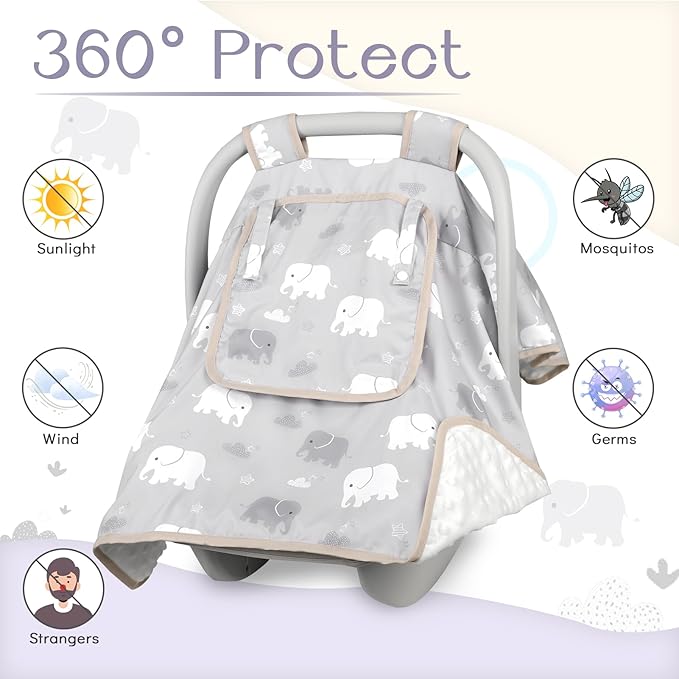 Baby Carseat Seat Cover Boys, Winter Carseat Canopy, Cozy & Warm Cover with Zipper Peep Windows, Infant Minky Carrier Cover, Soft Breathable, Baby Must Have, Grey Elephant