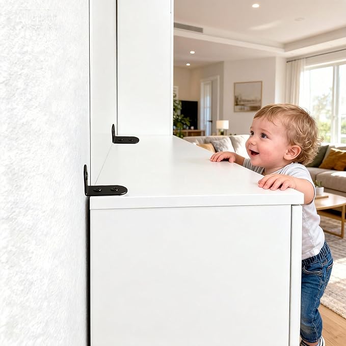 Dresser Anchors to Wall | Anti Tip Furniture Wall Anchor Kit for Baby Proofing 2 Installation Methods Safety Straps Secure Bookcase & Dresser to Wall (Black, 1.4 in)