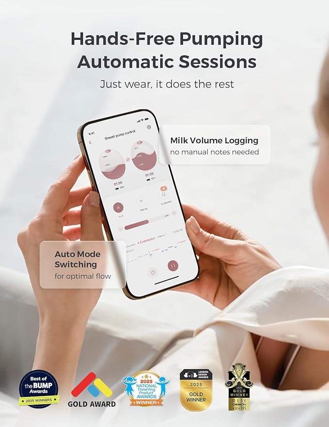 Momcozy Air 1 Ultra-Slim Breast Pump, Hands-Free Wearable Pump with Wireless Charging Case & App Control with Auto Mode & Full-Milk Alert, Industry-First Transparent Top for Easy Nipple Alignment