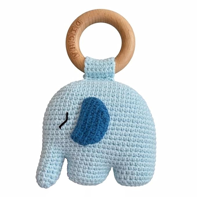 DICHA Handmade Crochet Wooden Baby Rattle - Birthday & Baby Shower Sensory Toy for Newborn Boy/Girl - Includes Wood Beech Teething Ring Elephant