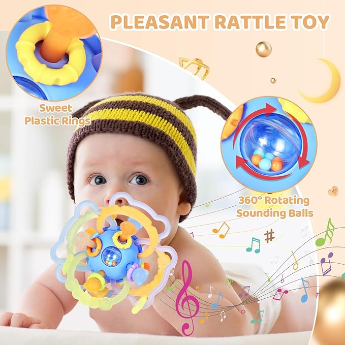 Baby Sensory Teething Toys, Baby Montessori Teether Toys for 0 3 6 9 12 18 Months, Silicone Tummy Time Toy with Rattle Ball for Newborn Infant, Learning Delopmental Gift for Boys Girls, Blue