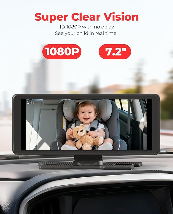BM5PRO Double Car Camera for 2 Baby，7.2" 1080P Split Screen with IR Night Vision, Real-Time Monitoring Baby Car Camera,Easy Install, Family Travel Companion for Kids & Pets