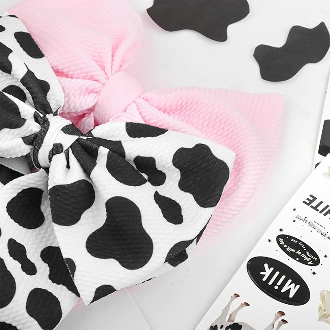 2Pcs Moo Cow Print 7’’ Hair Bows for Baby Girls Cowgirl Accessories Infant Toddler Baby Girl Headbands Pink Bow Hair Wrap