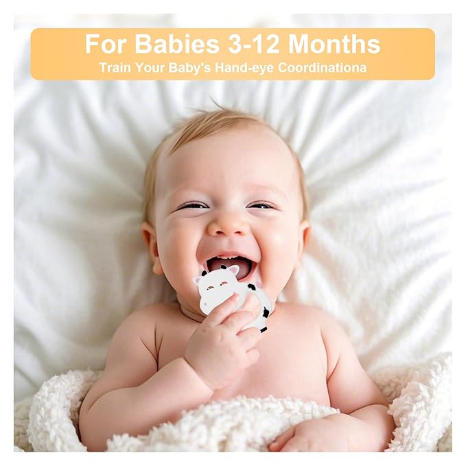 Silicone Baby Teether Ring for 3–12 Months, BPA-Free Soft Teething Toy, Easy-Grip Cow Infant Teether for Boys and Girls (White)