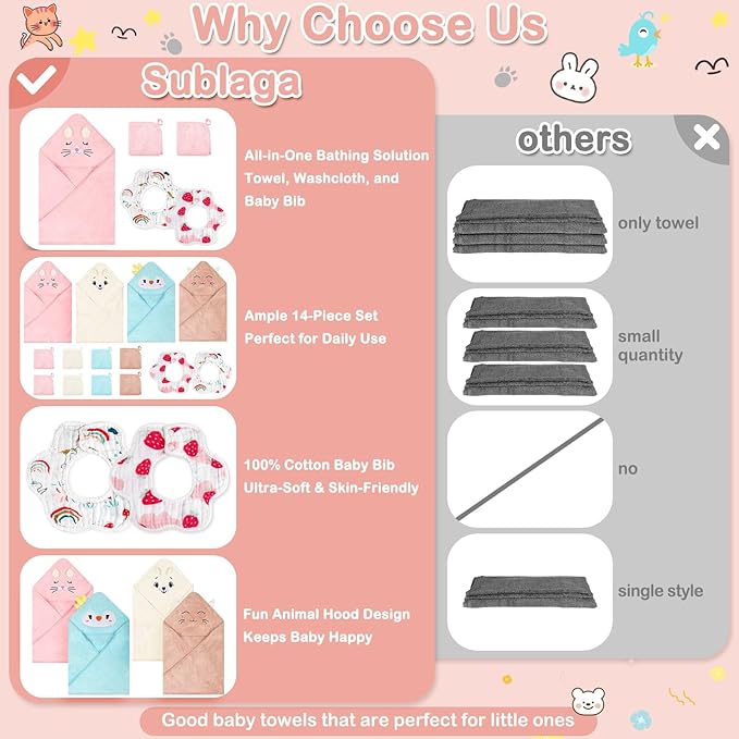 14 Pcs Baby Towels, Soft Baby Towel and Washcloths Set, 4 Pcs 32x32 in Hooded Bath Towel, 8 Pcs Baby Washcloths and 2 Pcs Cotton Baby Bibs for Newborns, Toddlers, and Kids for Boys and Girls