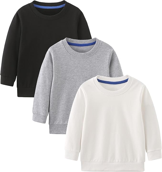 GFQLONG Toddler Boys 2 Pack Cotton Crewneck Sweatshirt, Baby Solid Long Sleeve Pullover Tops