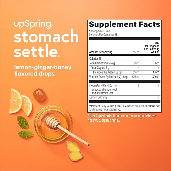 Upspring Stomach Settle Nausea Relief Drops - Fast-Acting Pregnancy Nausea Relief & Morning Sickness Relief with Ginger, Lemon, Spearmint, Honey & B6, Lemon-Ginger-Honey Flavor, 28 Drops
