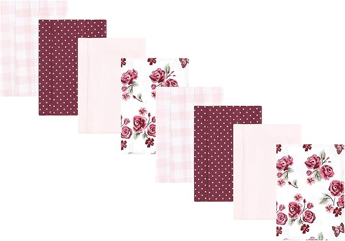 Hudson Baby Cotton Poly Flannel Burp Cloths Multipack, Sweet Roses 8-Pack, One Size