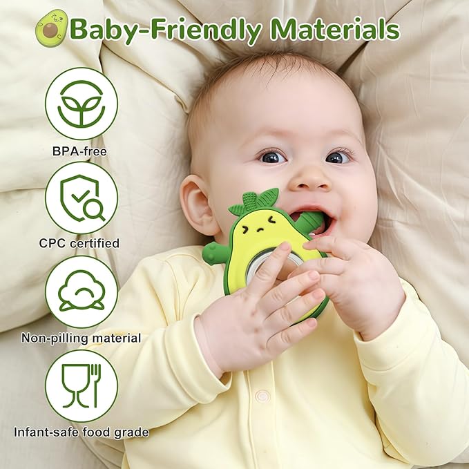 Teething Toy for Babies, Silicone Avocado Shape with Rattle Teether for Infants, Sensory Chew Toys Teething Relief for Boys and Girls, BPA Free