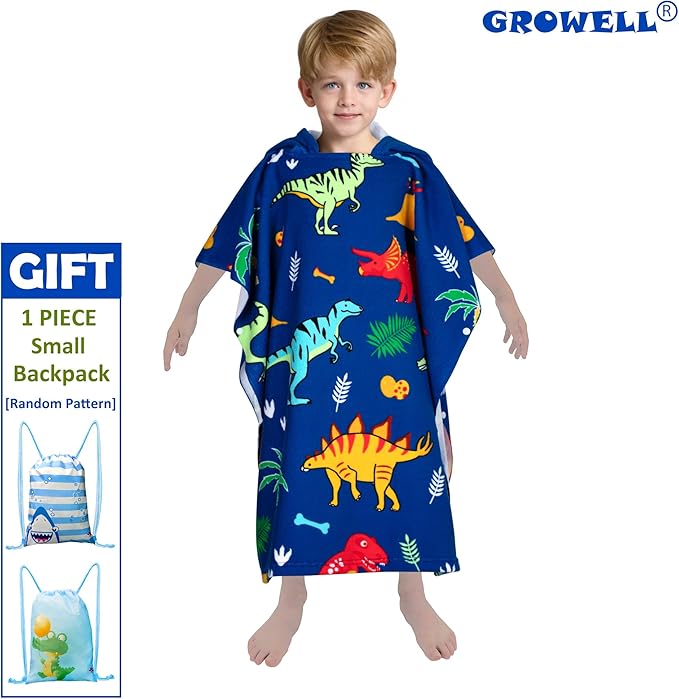 Hooded Kids Beach Towels - Toddler Bath Towel Girls Boys Swim Cover-ups for Ages 4 to 10 Kids Pool Towels Quick Dry Lightweight Soft Microfiber Poncho 30x30 with Bag (Dinosaur Blue)