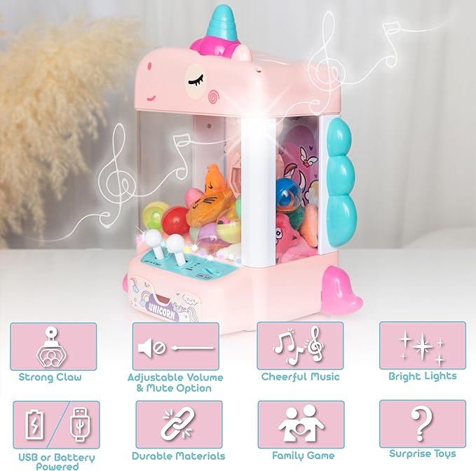 Claw Machine for Kids - Mini Arcade Game - Vending Machine - Candy Grabber Toys - Silent Mode, Lights, USB - Plush Toys & Easter Eggs, Surprise Stickers - Fun Gift for Kids, Boys & Girls (Unicorn)