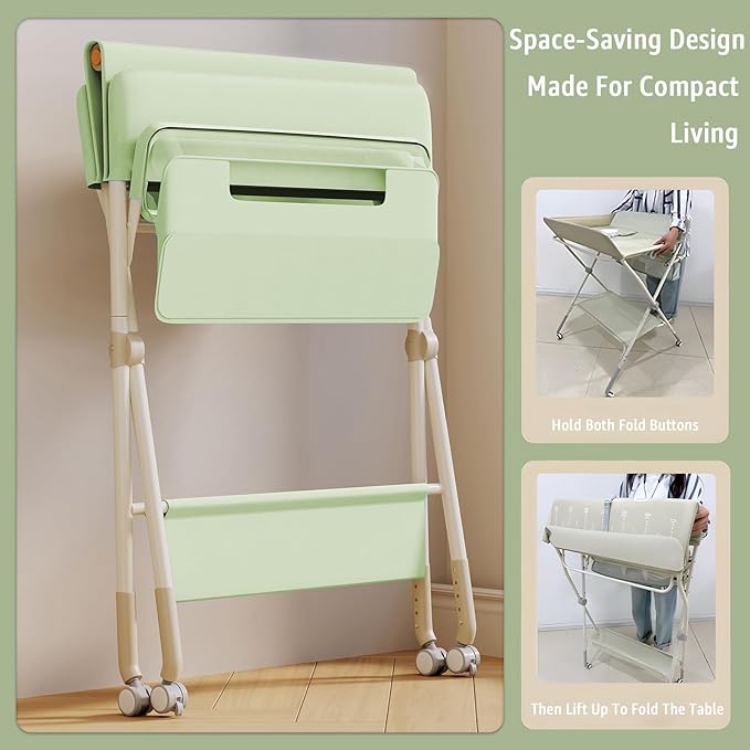 Changing Table, Portable Baby Changing Table with Wheels, Upgraded Foldable Diaper Changing Station with 5-Level Adjustable Height & Large Nursery Organizer Storage for Newborn Infant (Green)