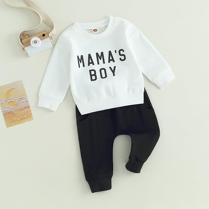 ZAXARRA Toddler Newborn baby boys Fall Outfits Long Sleeve Letter Print Sweatshirt Tops Pocket Pants Casual Clothing Sets