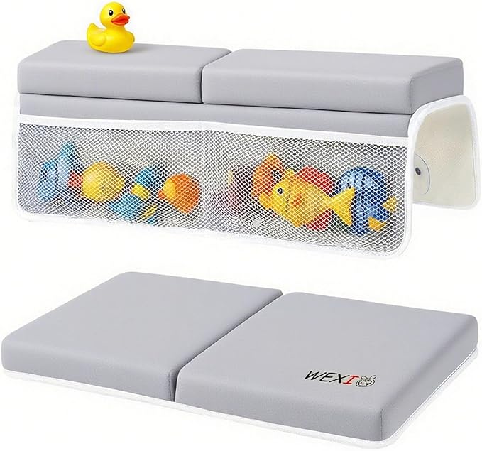 Water-Resistant Baby Bath Kneeler and Elbow Rest Pad Set, Soft Bathtub Kneeling Pad for Bathing Baby with Toys Pocket, Tub Knee Cushion Mat for First Time Mom Newborn Bath Time Essentials, Grey