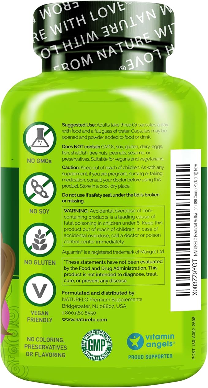 NATURELO Postnatal Multivitamin - Supplement for Breastfeeding Women - Plant-Based Vitamin D, Folate, Gentle Iron - for Nursing Mother, Baby - Post Natal Lactation Support - 180 Count (Pack of 2)