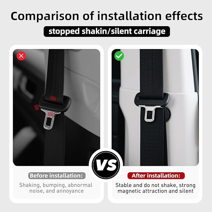 Powerful Magnetic Seat Belt Holder Clip - Prevent Car Noise Seat Belt Silencer Universal Automatic Adsorption Stabilizer One-Second Snap & Release (Fits All Cars, Black X 4)