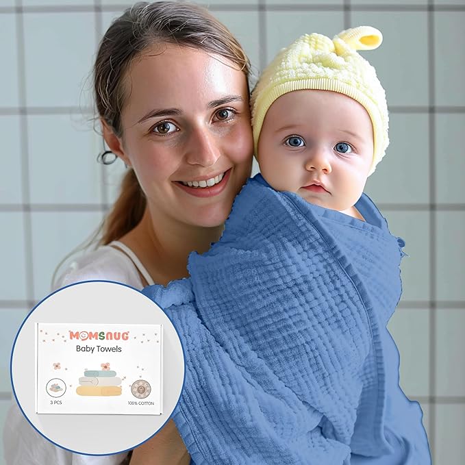 Muslin Hooded Towels, 3 Pack Cotton Bath Towels With Hood for Newborn, Infant, Toddler - Soft and Absorbent Baby Shower Essential (35 X 35'') (Green + Grey + Dark Blue)