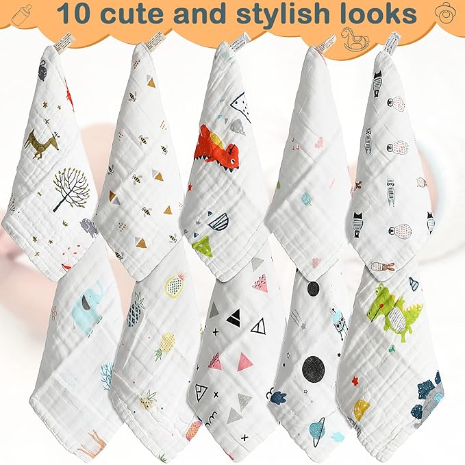 Chumia 20 Pack Baby Muslin Burp Cloths Baby Wash Cloths with Sensitive Skin 6 Layer Cotton Face Towels Bath Towel Absorbent for Toddler Kids Shower，10 x 10 Inch