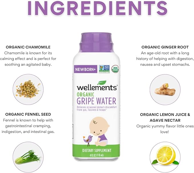 Wellements Organic Gripe Water | Relieves Occasional Stomach Discomfort from Baby Gas, Colic, Hiccups and Fussiness | Certified Organic and Non-GMO | No Artificial Flavors | 4 Fl Oz. | Ages Newborn+