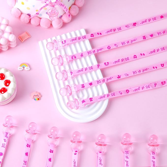 60 Pcs Baby Shower Pacifiers Necklace, Cute Acrylic Pacifier Necklaces for Chupones para Baby Shower Games Charm, Party Favors, Decorations DIY, Gender Reveal Table Scatter(Pink)