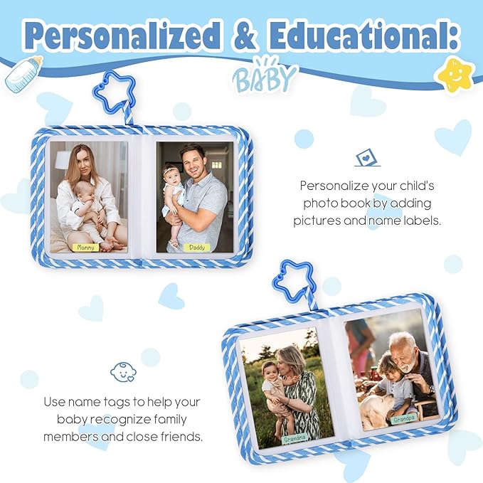 Lanpn My First Baby Photo Album Holds 17 4x6 Photos, Soft Cloth Family Book with Name Card Name Tag Stickers, Fabric Kid Memory Keepsake Gift for 4x6 Baby Shower Kids Newborn Toddlers Boy Girl (Ocean)