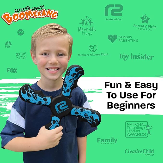 Refresh Sports Boomerang for Kids & Adults - Soft, Durable, Easy to Throw & Catch - Ages 4-8 - Outdoor, Beach, Pool Play - Jet Black
