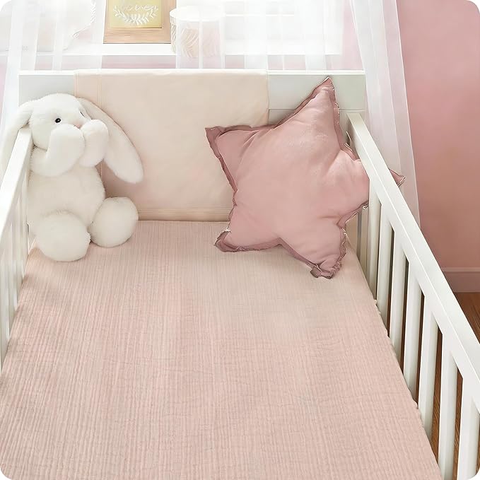 100% Organic Cotton Baby Crib Sheets Muslin 52x28 Inches 2 Pack Soft Fitted Crib Mattress Sheet for Baby Girls, Boho Toddler Bed Sheets Fits Well Standard Size Crib Mattress 28x52 Inches Floral & Pink