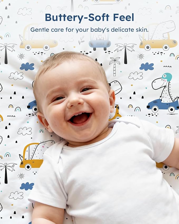 Pack and Play Sheets Fitted 3 Pack, Mini Crib Sheets for Pack N Play Mattress Stretchy Portable Playard Sheets, Soft Breathable Grey & Blue Car