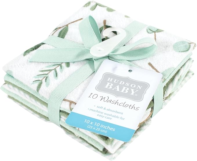Hudson Baby Unisex Baby Flannel Washcloths, Eucalyptus 10Pk, One Size