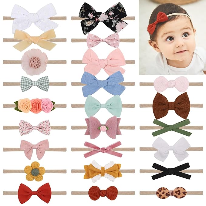 doboi Baby Girl Headbands 24PCS Nylon Linen Handmade Hairbands with Hair Bows and Accessories for Newborns, Infants, Toddlers, and Little Kids