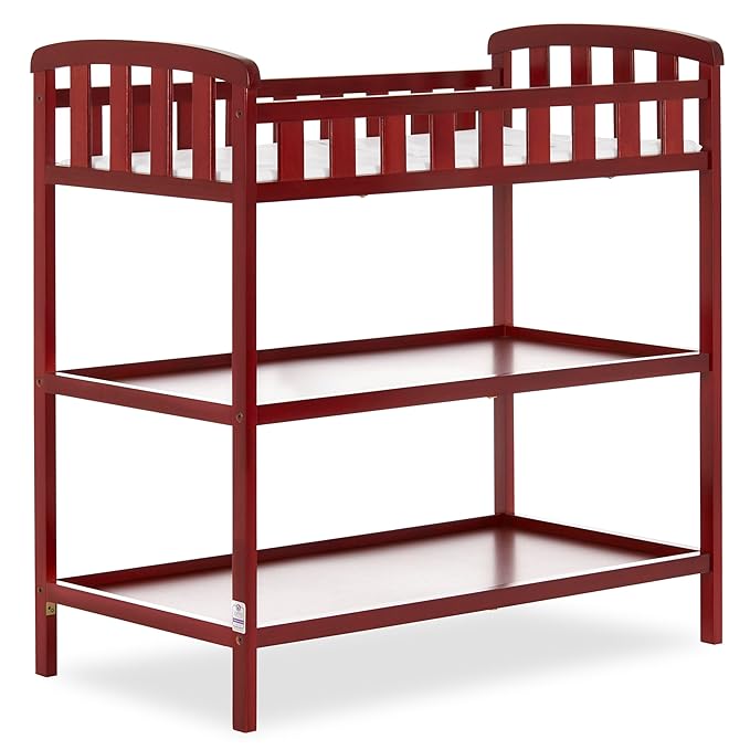Dream On Me Emily Changing Table, Compact and Lightweight, Solid New Zealand Pinewood, Elevated Safety Rails, Two Storage Shelves, Includes Water-Resistant 1" Changing Pad — Cherry