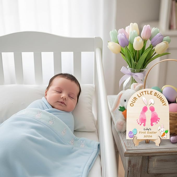 R HORSE DIY Baby's First Easter Footprint or Handprint Art Sign with Ink Pad, 3D Newborn Bunny Wooden Milestone with Marker Pen, Baby 1st Easter Keepsake Craft Gift Nursery Photo Prop Baby Shower
