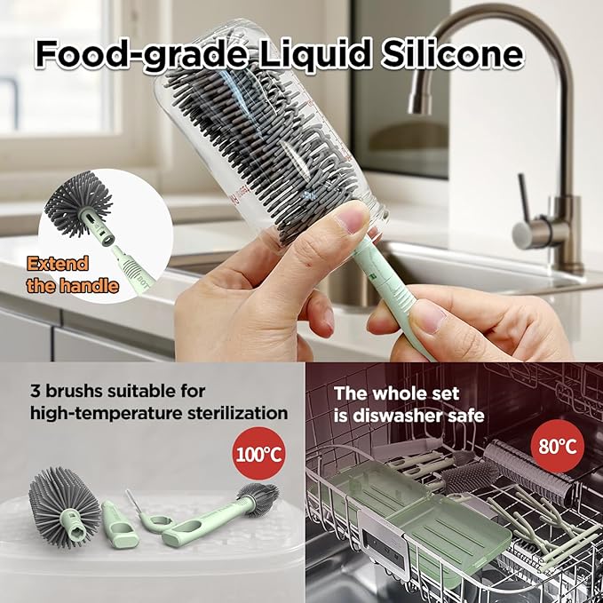 YOTIME Travel Bottle Brush Set, Auto-Open Rack & Vertical Brushs Drying Slots, 3 Brushes, Foldable Drying Rack, Dispenser, Travel Baby Essentials for On-The-Go Parents, Transparent Green