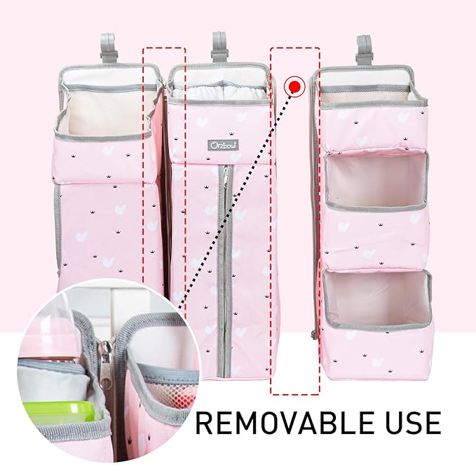 Orzbow 3-in-1 Hanging Diaper Caddy Organizer for Changing Table, Nursery Organization and Diaper Stacker for Crib Wall, Removable Diaper Organizer for Baby Girl Essentials, Pink