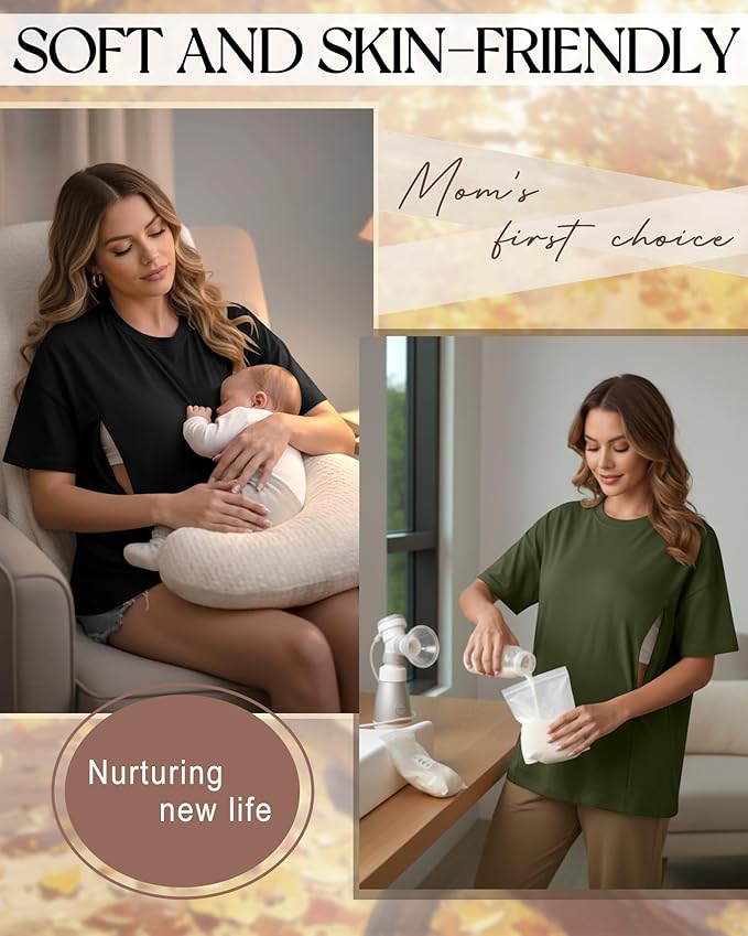 3 Pack Women's Oversize Nursing Breastfeeding Shirts Hidden Zipper Short Sleeve Loose Fit Maternity Tops