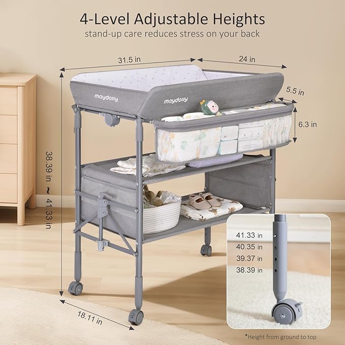 Maydolly Baby Changing Table, Portable Foldable Changing Table, Waterproof Diaper Changing Station, Adjustable Height Changing Station, Mobile Nursery for Newborn and Infant