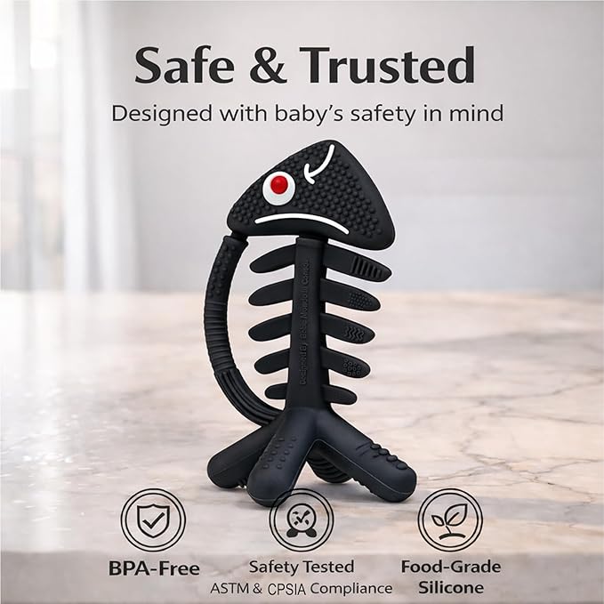 3 in 1 Infant Toys, Baby Teething Toys 3–6 6–12 Months, Teethers for Babies 0–3–6–12 Months for Teething Relief, Baby Gift, Baby Teether Toys, Silicone Sensory Toys, USA Patent Pending, Fish (Black)