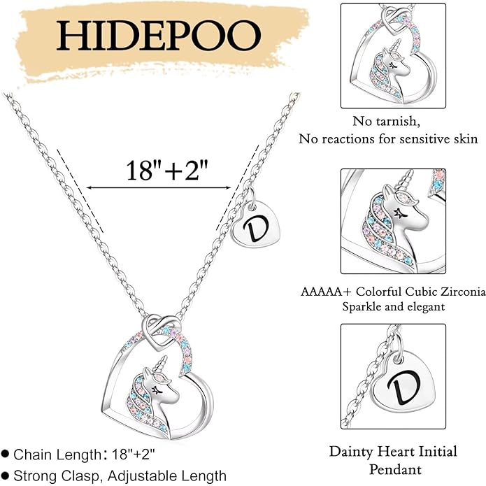 Hidepoo Valentines Gifts for Kids Girls - Unicorn Necklace Gifts for Teen Girls Kid, Colorful CZ Heart Pendant Initial Unicorn Necklaces for Girl Jewelry Birthday Gift for Girl Kid