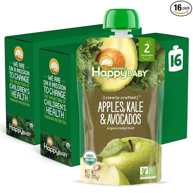 Happy Baby Organics Stage 2 Baby Food Pouches, Gluten Free, Vegan & Healthy Snack, Clearly Crafted Fruit & Veggie Puree, Apples, Kale & Avocados, 4 Ounces (Pack of 16)
